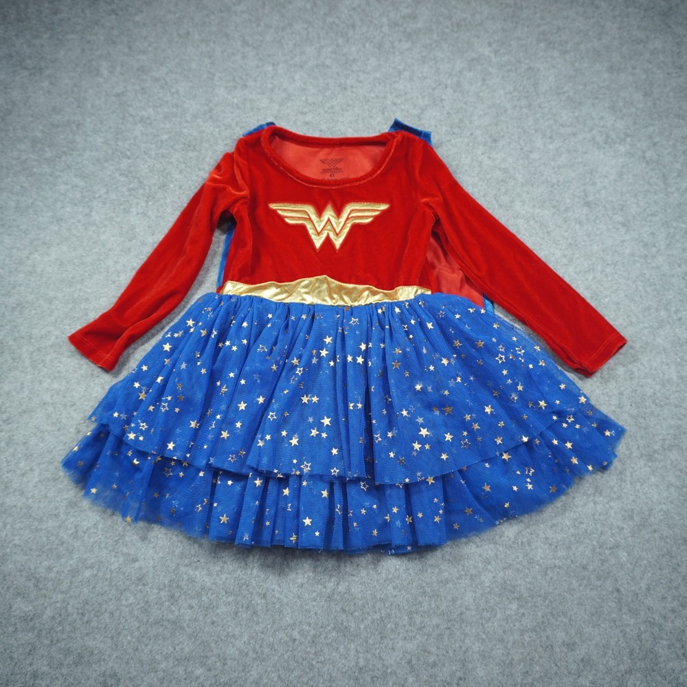 Wonder Woman 4T Toddler Girls Costume Dress Red Blue Gold Stars Cape Dress Up